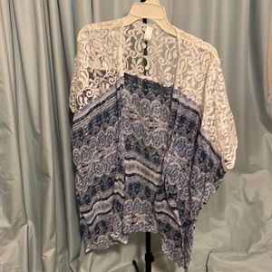 Blue and white kimono with lace shoulders , one size fits all